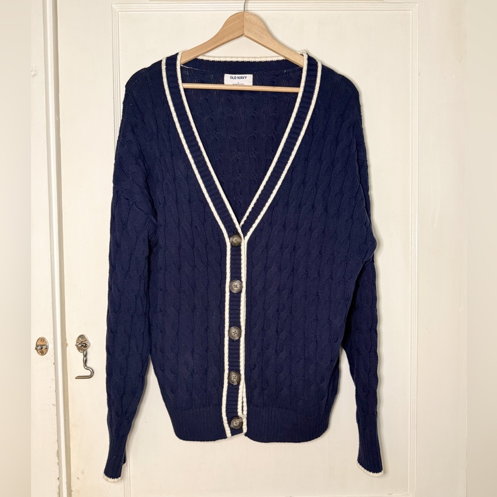 Navy Blue Slouchy Cable-Knit Cardigan Sweater Taylor Swift Style Women's